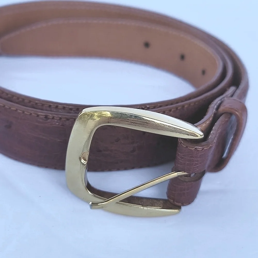 Full Quill Men's Ostrich Cognac Leather Brass Hardware Belt